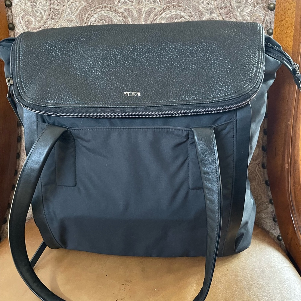 TUMI Black Leather Trim Messenger Bag